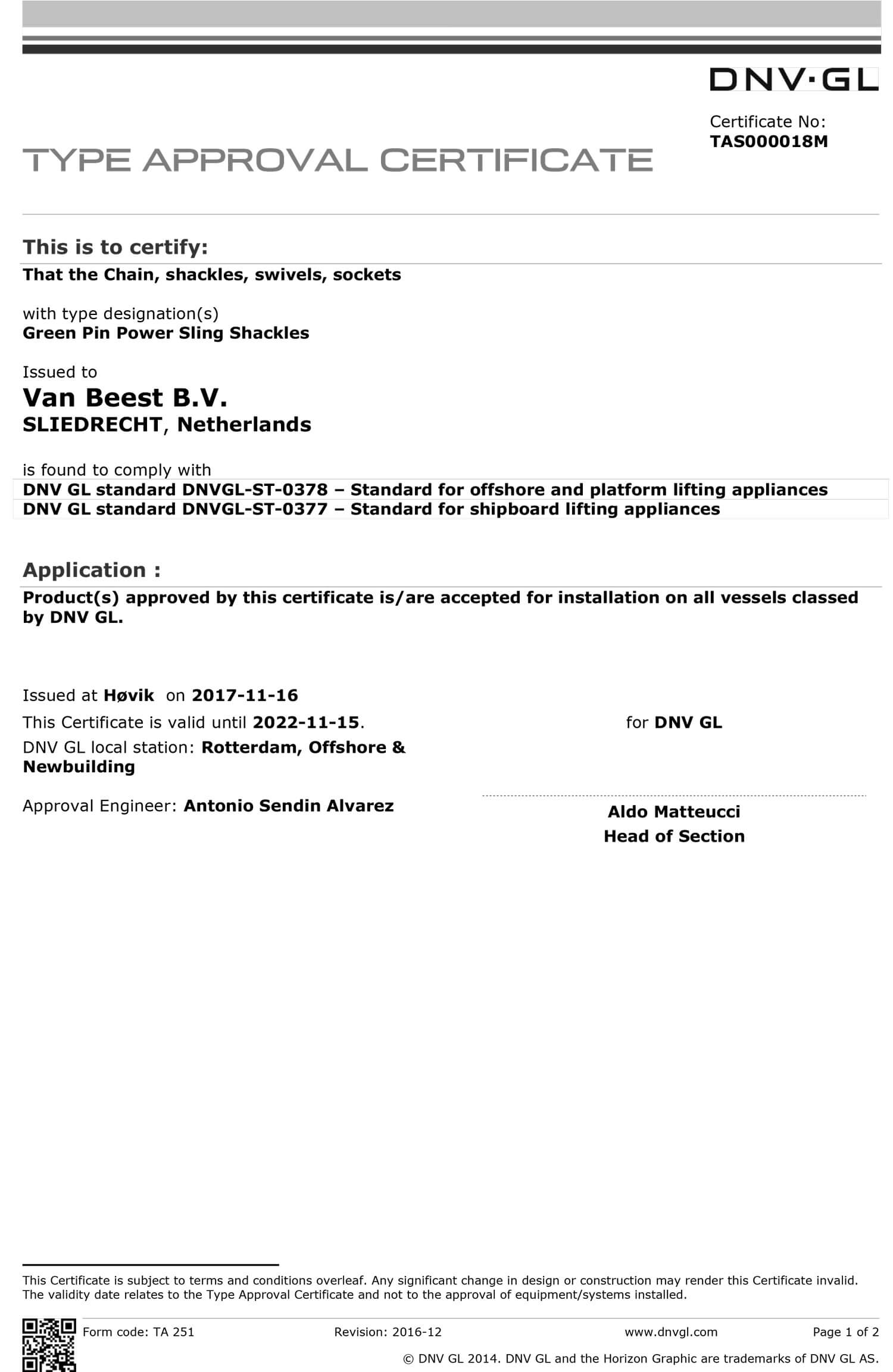 Green Pin DNV certificate page 1